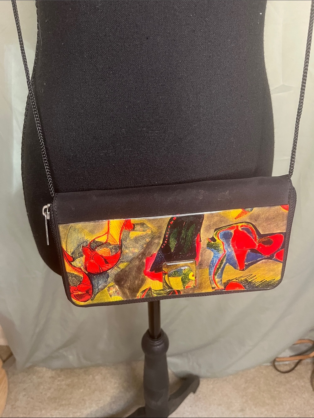 VTG Angela Frascone Resin Multicolor Abstract Crossbody Wallet Purse Black Strap - Picture 2 of 9